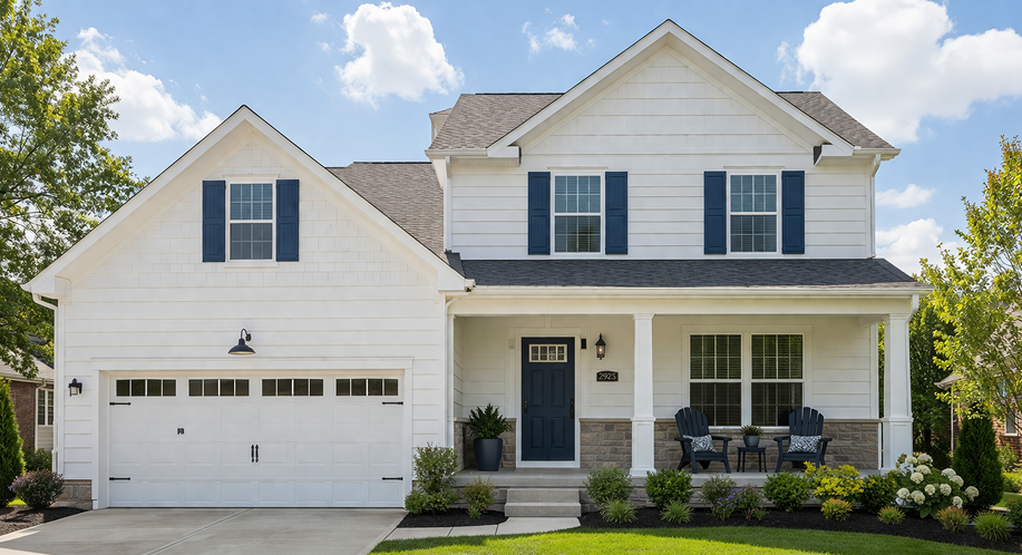Residential home exterior featuring white siding, blue shutters, and a dark front door, showcasing professional painting quality by Queen City Painting.